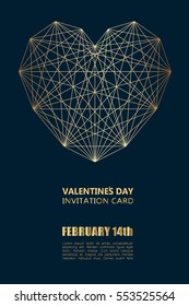 Valentine's Day invitation card with stylized gold geometric
 heart with gold lettering on dark background.  Vector illustration.