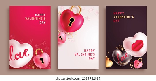Juego de afiches vectoriales de tarjetas de invitación de San Valentín. Tarjeta de felicitación del día de San Valentín feliz con globos cardíacos y elementos de decoración de signos de amor para la colección de etiquetas de regalo. Día de corazones de ilustraciones de vectores 