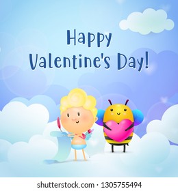 Valentines day invitation design. Baby Cupid and bee with pink heart making gift list on blue background with clouds. Illustration can be used for posters, banners, greeting cards