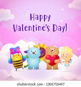 Valentines day invitation design. Cartoon bee, blue monster, Teddy bear and baby Cupid on lilac background with clouds. Illustration can be used for posters, banners, greeting cards