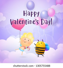 Valentines day invitation design. Cheerful baby Cupid and cute bee dancing with heart shaped air balloon on lilac background with clouds. Illustration can be used for posters, banners, greeting cards