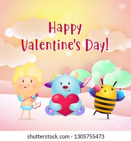 Valentines day invitation design. Sweet monster with red heart, bee with megaphone and cute Cupid, natural landscape in background. Illustration can be used for posters, banners, greeting cards