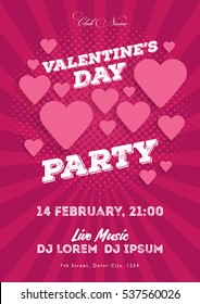 Valentine's Day invitation flyer. The template for the club, musical evenings. Speech by musicians, DJs. Night festive party. Background with hearts. Vector illustrations.