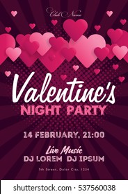 Valentine's Day invitation flyer. The template for the club, musical evenings. Speech by musicians, DJs. Night festive party. Background with hearts. Vector illustrations.