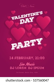 Valentine's Day invitation flyer. The template for the club, musical evenings. Speech by musicians, DJs. Night festive party. Background with hearts. Vector illustrations.