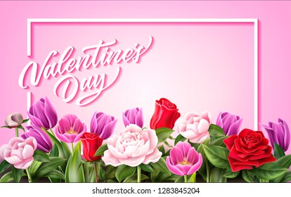 Valentines day invitation, greeting card poster with elegant rose, peonies and tulip flower bouquet, hand drawn lettering. Vintage floral design for romantic holiday celebration. Vector illustration