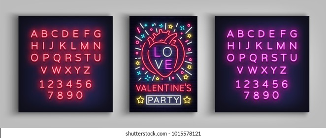 Valentines Day invitation to a party postcard. Neon sign, Design Template, Vivid Anniversary Celebration advertisement, Bright Banner, Neon Style Flyer. Vector illustration. Editing text neon sign