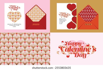 Valentine's Day invitation, typography, letter and heart pattern. Happy Valentine's Day vector set. All My Heart. Illustration for greeting card, web banner, package, cover.