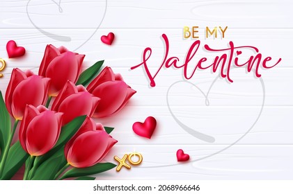 Diseño vectorial de invitación de San Valentín. Sé mi texto valentino con tulipanes ramo elemento romántico para el regalo de flor del día del corazón y sorpresa de la celebración. Ilustración vectorial.
