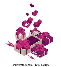 Valentines day isolated gift box. Hearts. 8 march. Pink gift box with flying hearts for holiday. Gift box isometric. Love is in the air. Vector love box. Womens day presents 