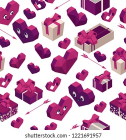 Valentines day isolated gift box. Hearts. 8 march. Pink gift box with flying hearts for holiday. Gift box isometric. Love is in the air. Vector love box. Womens day presents online. Seamless pattern