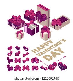 Valentines day isolated gift box. Hearts. 8 march. Pink gift box with flying hearts for holiday. Gift box isometric. Love is in the air. Vector love box. Isometric 3d