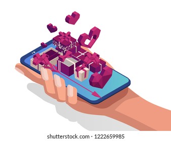 Valentines day isolated gift box. Hearts. 8 march. Pink gift box with flying hearts for holiday. Gift box isometric. Love is in the air. Vector love box. Womens day presents online. Isometric 3d