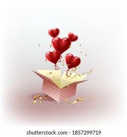 Caja de regalos aislada del día de San Valentín. Corazones. 8 de marzo. Caja de regalo roja rosa con corazones voladores para las vacaciones. Caja de regalo isométrica. El amor está en el aire. Cama de vectores.