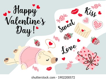 Valentine's Day. Isolated objects on white background. Collection of postcards. Vector illustration. Hearts, bear, candy,phrases, envelope. For congratulations, scrapbooking, diary,notes, invitations.