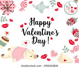 Valentine's Day. Isolated objects on white background. Collection of postcards. Vector illustration. Hearts, bear, candy,phrases, envelope. For congratulations, scrapbooking, diary,notes, invitations.