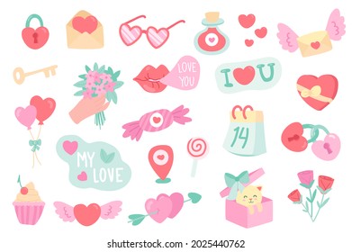 Valentines Day isolated objects set. Collection of heart lock, key, letter, glasses, love potion, rose flowers, kiss, balloon, calendar, gift. Vector illustration of design elements in flat cartoon