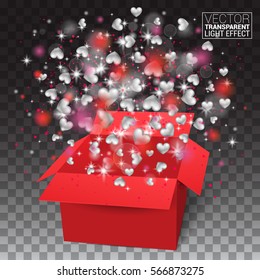 Valentines day isolated Surprise gift box. 8 march. Flying Pink red hearts for holiday. Love is in the air. Womens day. Vector Illustration Effect on transparent background.