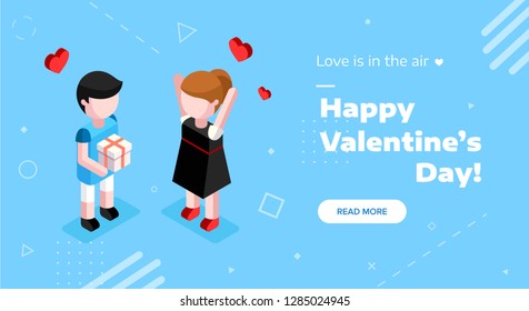 Valentines day isometric concept, A couple in love, a guy and a girl who love each other. Vector illustration.