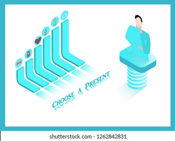 Valentines day isometric concept.  A guy choosing a present, Isometric vector concept banner,