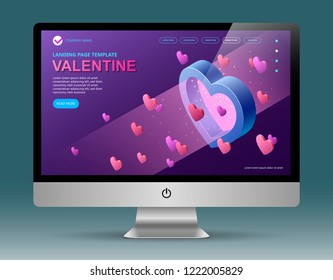 Valentines day isometric concept on computer screen, Isometric vector concept banner, Vector isometric concept.