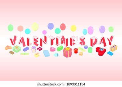Valentine's Day Isometric Text balloons gift boxes simple vector illustration