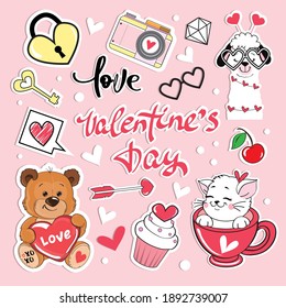 Valentine's day items collection. Funny animals llama, bear and kitten with different vector elements. Fashion patch badges Stickers