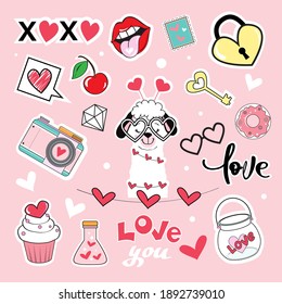 Valentine's day items collection. Trend Pop art style with different vector elements. Fashion patch badges Stickers. Llama, lips, cupcake, jars, camera