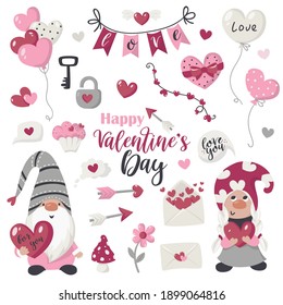 Valentine's Day items and gnomes collection. Vector illustration for greeting cards, christmas invitations and t-shirts