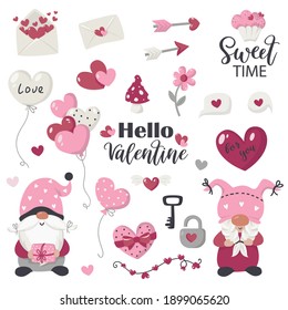 Valentine's Day items and gnomes collection. Vector illustration for greeting cards, christmas invitations and t-shirts