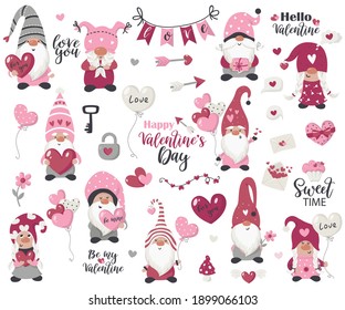 Colección de objetos y gnomos del Día de San Valentín. Ilustración vectorial para tarjetas de felicitación, invitaciones de navidad y camisetas