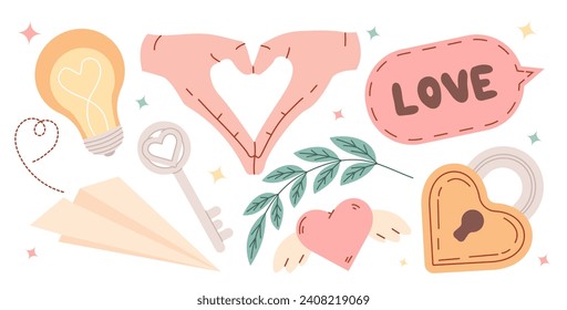 Artículos del Día de San Valentín. corazón con alas, bloqueo cardíaco, bombilla, manos haciendo gestos a corazones, avión de papel, llave de plata, etiqueta de amor