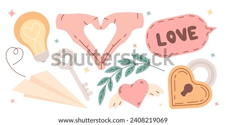 Valentine's Day items set. heart with wings, heart lock, light bulb, hands gesturing to hearts,paper airplane, silver key, love tag