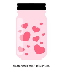 Valentines Day jar with hearts and lid isolated on white background. Vector stock illustration.