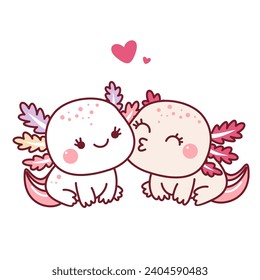 Día de San Valentín. Estilo Kawaii. Un axolotl besa a otro axolotl.