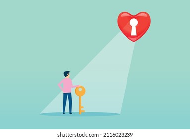 Valentine's day, the key to love problems, wedding couple, teenage love, hearts sign, keyhole light, Vector illustration design concept in flat style