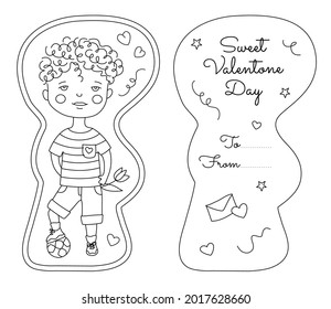 Valentine's Day Kids Card template with African American Boy. Editable stroke. Black and white. Colored page background