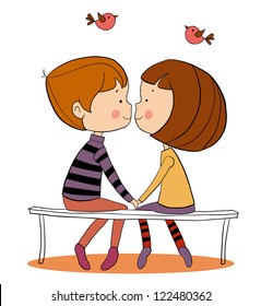 Valentine's Day kiss, kissing couple sitting on a bench