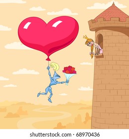 At Valentine's Day a knight flies on a heart shaped balloon to present a flower to princess