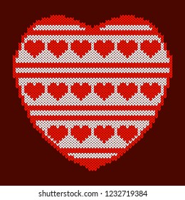 Valentines Day. Knitted texture in the shape of a heart. Pattern of hearts and stripes. White and red