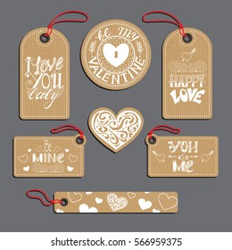 Valentines day label badge. Set of 7 printable hand drawn holiday cards templates. Vector seasonal labels design.