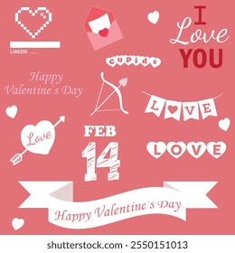 Valentines day label collection. Valentines day graphic design elements with hearts, text, and symbols on a pink background.  Set of hearts, romantic lettering, phrases for card, social media, message
