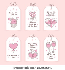 Valentine's day label collection with lettering, pastel colors on whine background