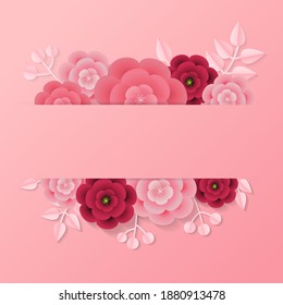 Valentine's day label with empty space for text template decorated with paper style leaf and flower. Realistic pink vector design.