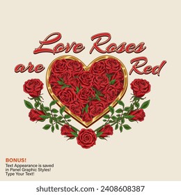 Valentines Day label with golden heart, red roses, text. White background .For clothing, t shirt, engagement event, Valentines Day, gift design. Text graphic style included