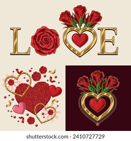 Valentines Day label set with hearts, red roses, text. Vintage style. For greeting card, wedding, engagement, event decoration.