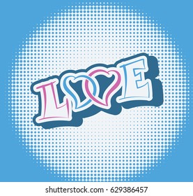 Valentines Day label template. Love word with two hearts symbol. Romantic feelings blue pink vector background illustration. 