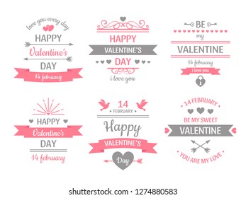 Valentines day label. Vintage valentine card banner, love frame and retro love wishes greeting cards. Romantic celebration special gift heart vector illustration isolated icons set