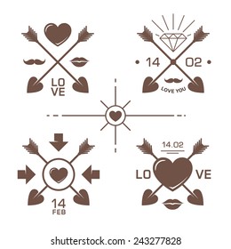 Valentine's day labels with crossed arrows. Elements of romantic design to make a message about love, weddings or Valentines day. One color edition of vector illustration.