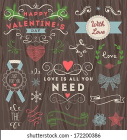 Valentine's day labels, design elements collection on wood background for scrap booking and design.